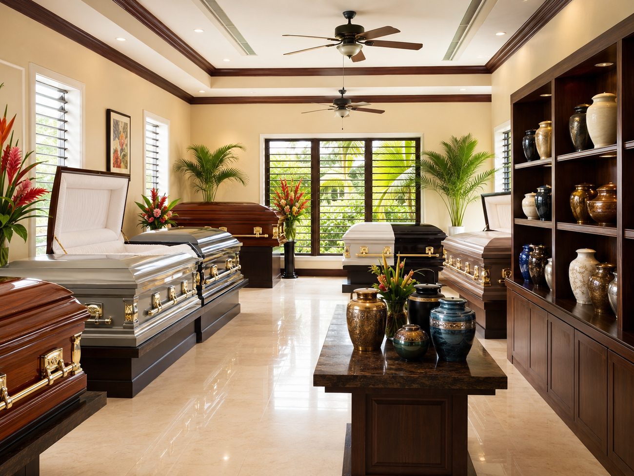 Casket in chapel with floral arrangements