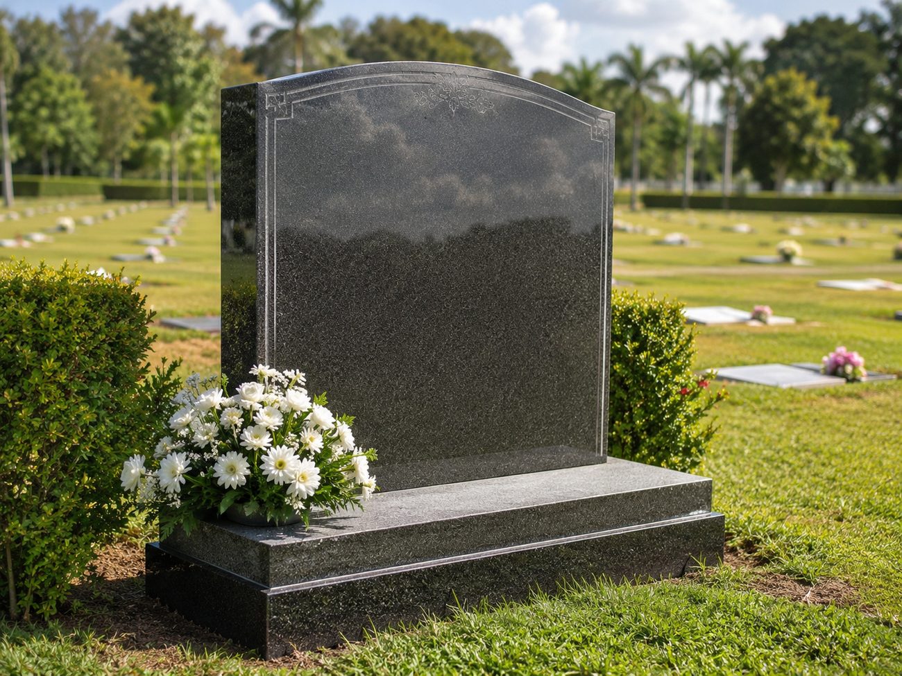 Cemetery marker with flowers